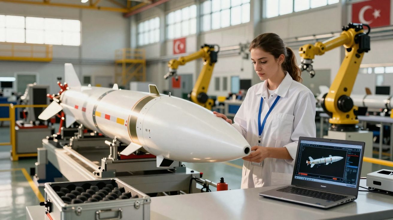 Engenheira analisa modelo de foguete numa fábrica com braços robóticos e computador portátil ao lado.