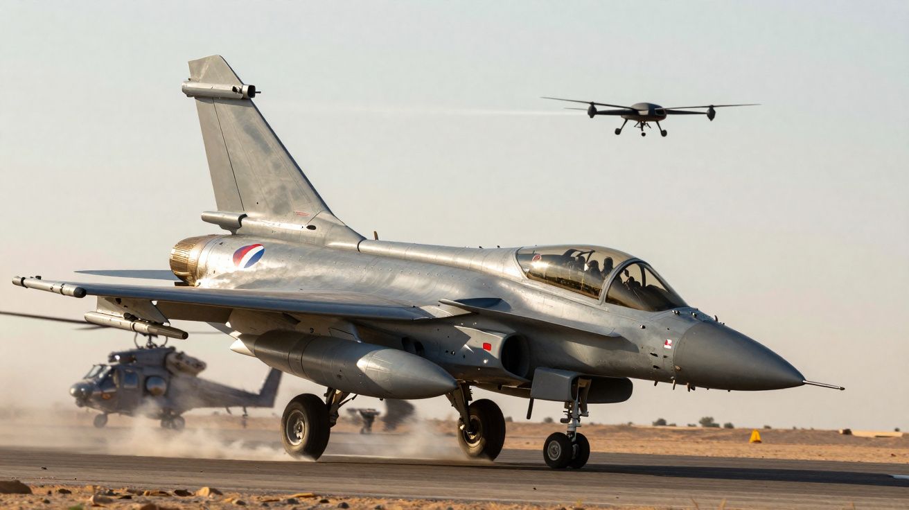 Caça militar a jato em pista de descolagem com helicóptero e drone ao fundo em ambiente desértico.