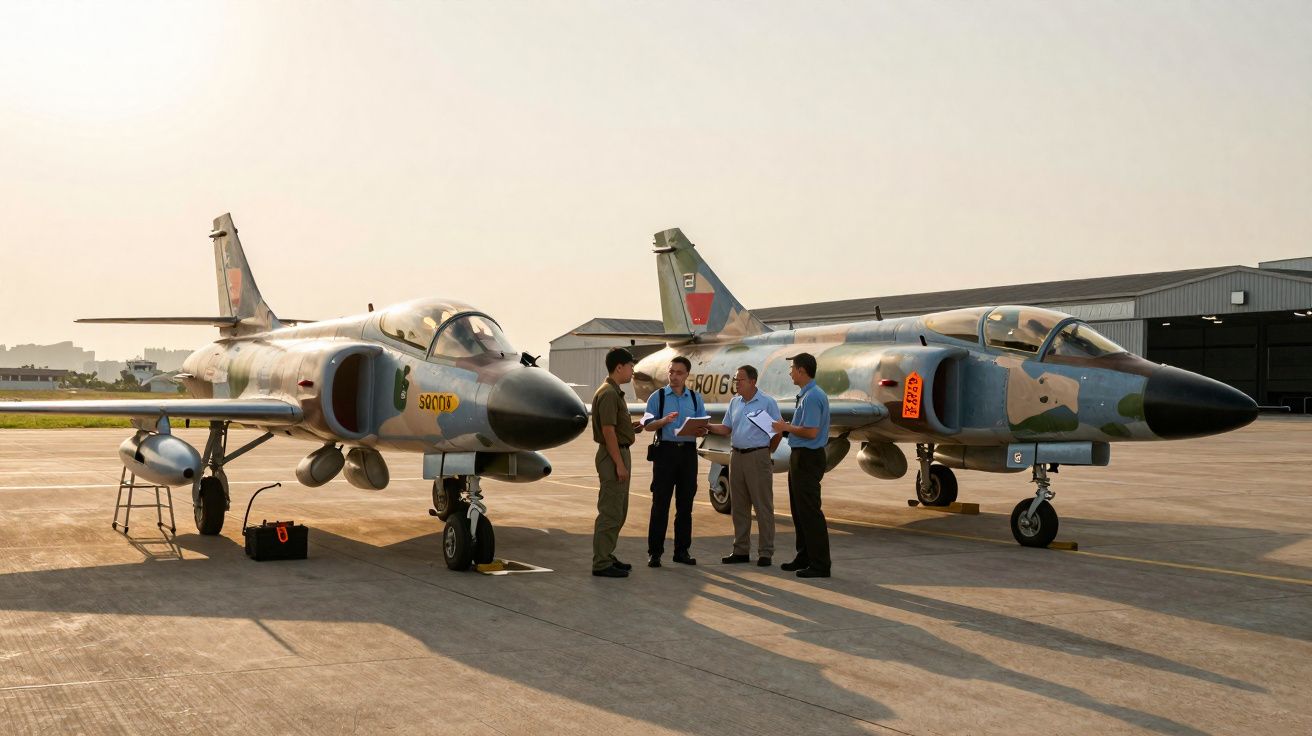 Dois aviões militares estacionados no pátio com quatro homens a conversar ao lado ao pôr do sol.