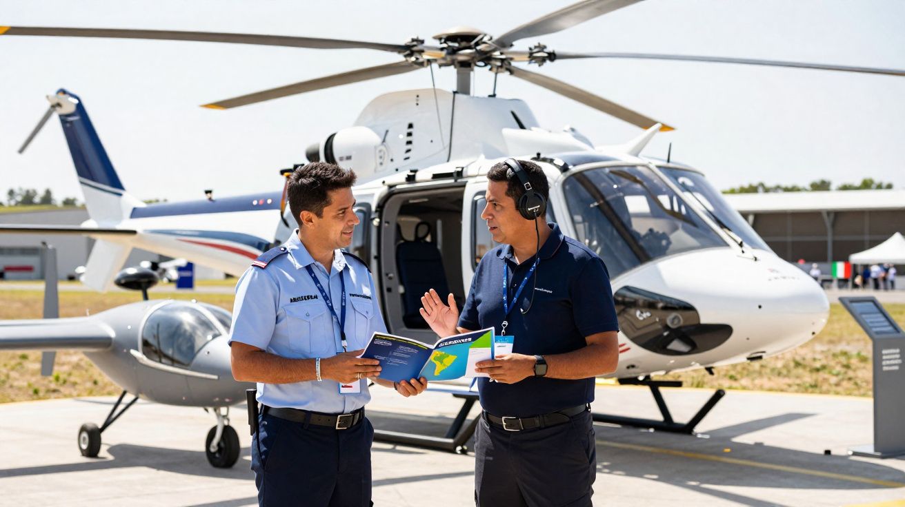Dois homens com uniforme e auriculares discutem um manual junto a um helicóptero branco estacionado ao ar livre.