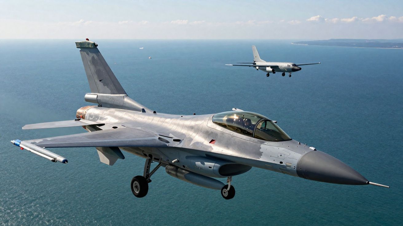Dois aviões militares a voar sobre o mar, um caça F-16 em primeiro plano e um avião de transporte ao fundo.
