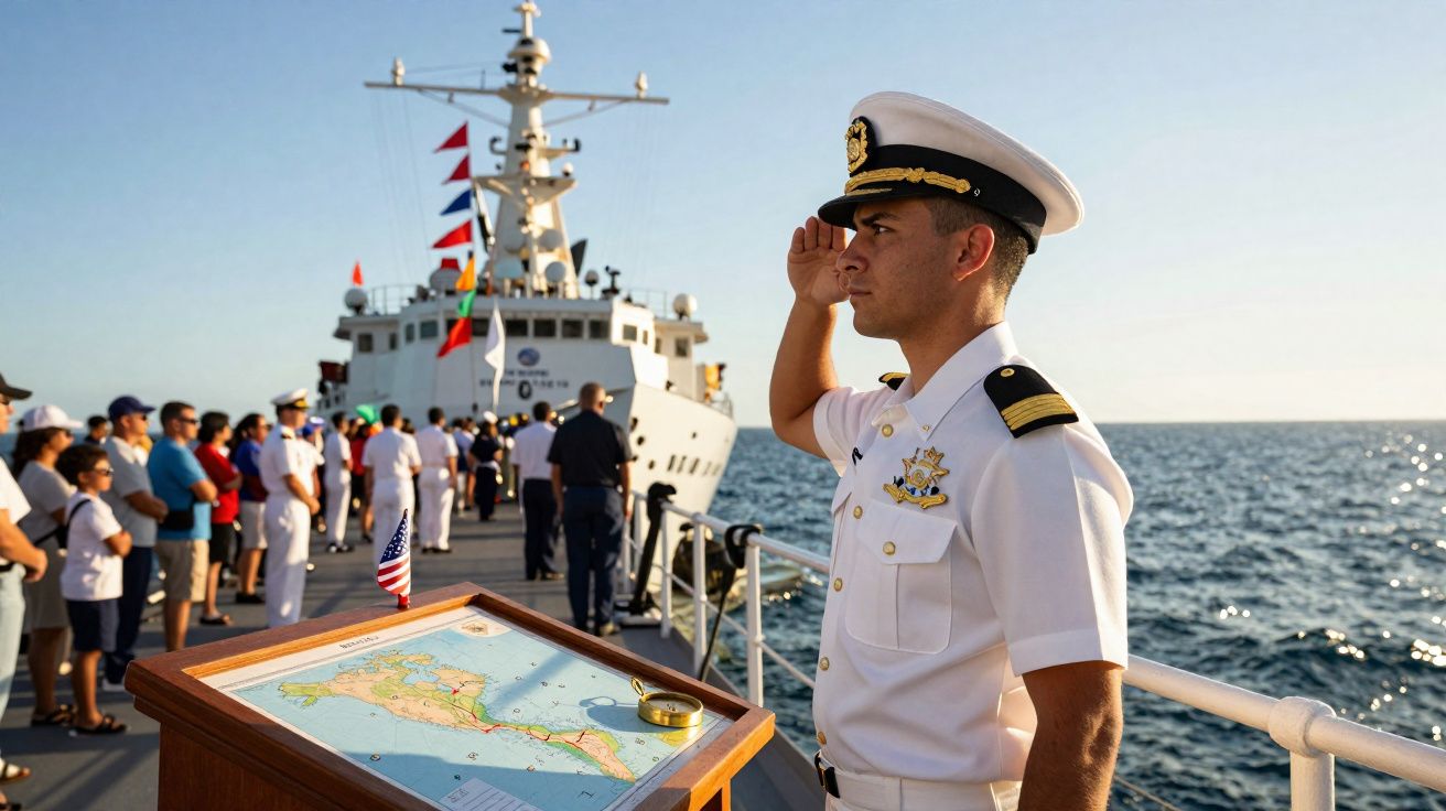 Oficial naval em uniforme branco a saudar a bordo de um navio, com mar e tripulação ao fundo.