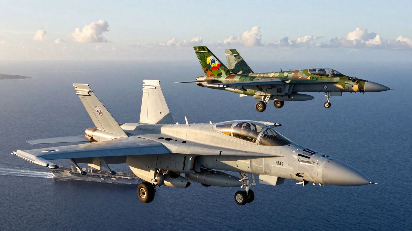 Dois caças militares em voo sobre o mar com céu azul e algumas nuvens ao fundo.