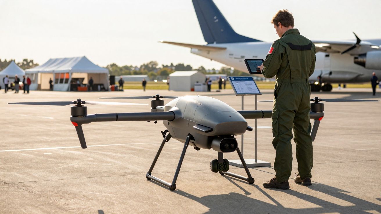 Homem em fato militar opera drone grande num aeroporto com aviões e tendas ao fundo.
