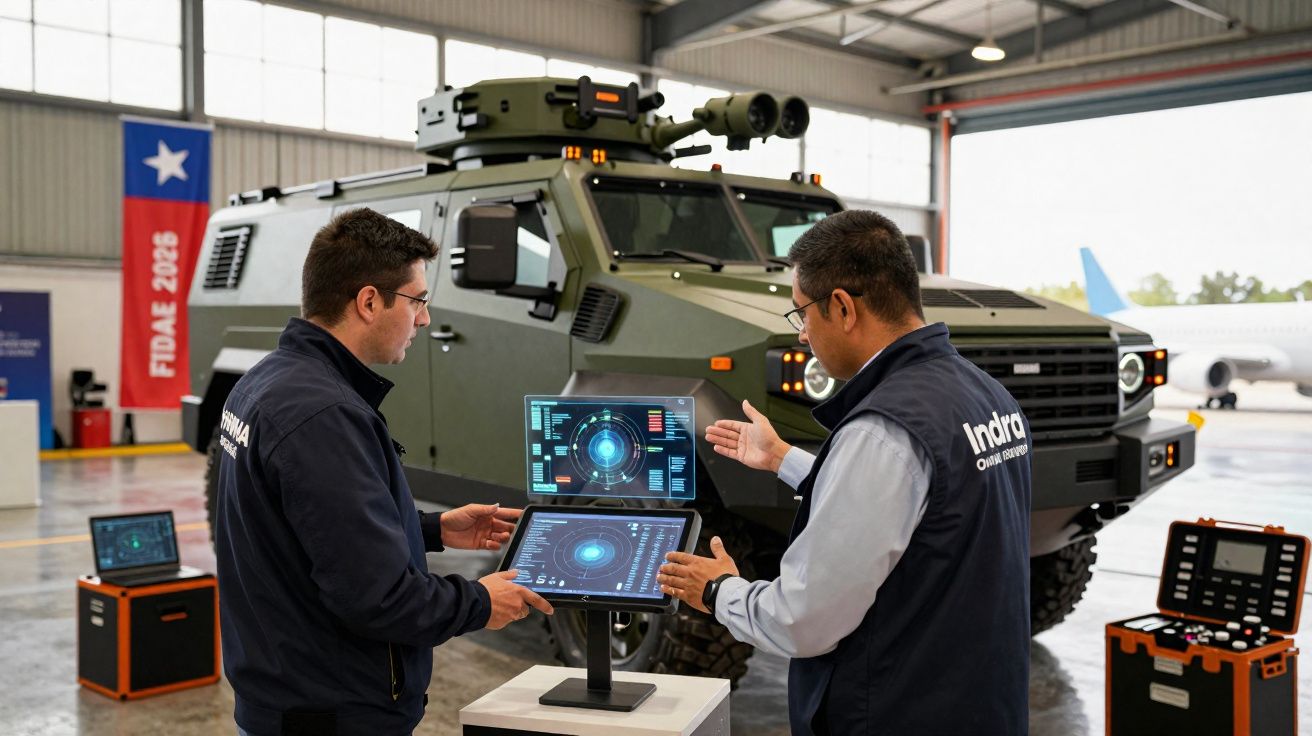 Dois técnicos com coletes da Indra analisam dados em monitores digitais à frente de veículo militar verde num hangar.