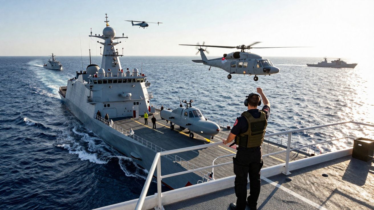 Navios militares e helicópteros em operação naval no mar, com tripulante a sinalizar no convés.