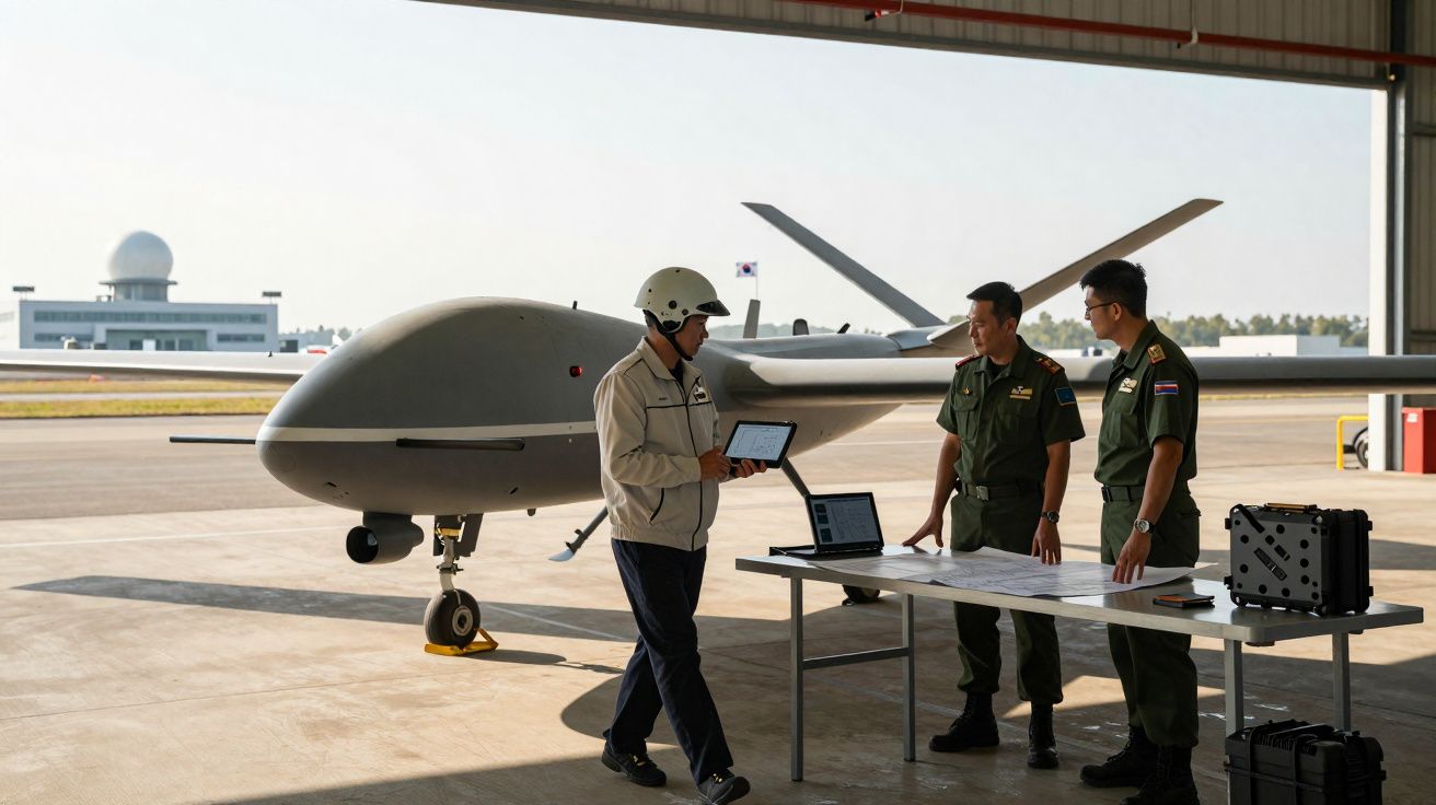 Três homens junto a drone militar grande numa plataforma coberta com equipamentos e mapas.