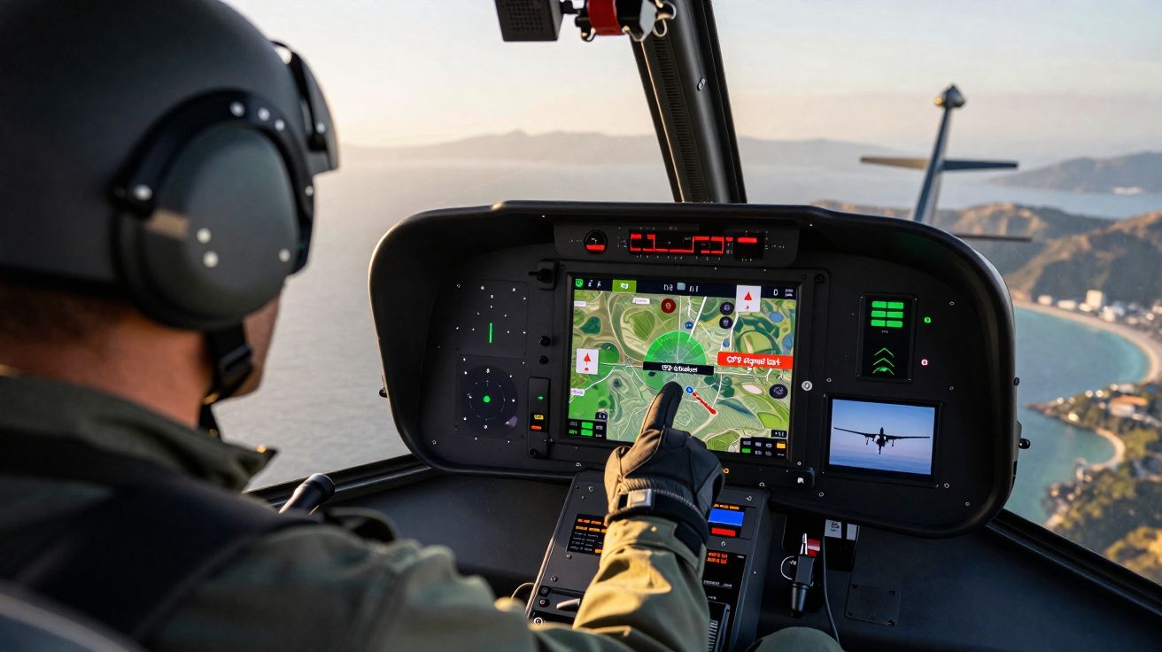 Piloto com fones a operar GPS digital num helicóptero sobrevoando costa com praia e montanhas ao fundo.