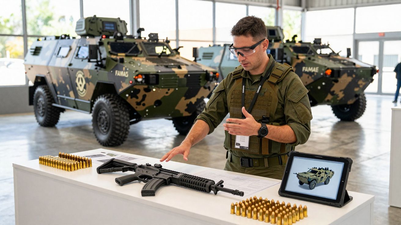 Homem com uniforme militar apresenta uma arma e munições em exposição com veículos militares ao fundo.