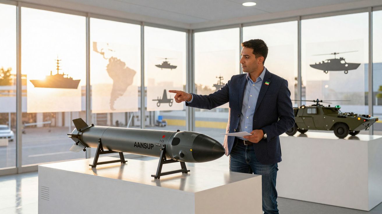 Homem de fato azul aponta para modelo de míssil exposto numa sala com paredes de vidro e imagens militares.