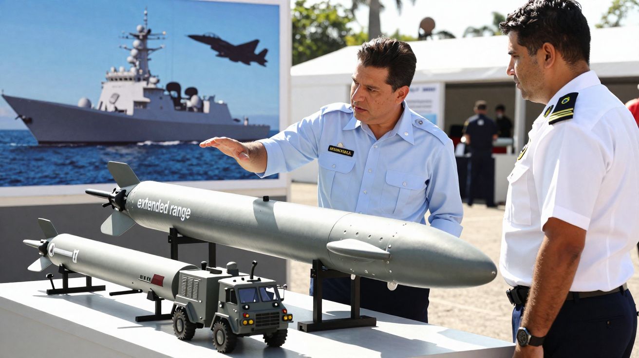 Dois militares observam e explicam um modelo de míssil e veículo militar em exibição ao ar livre.