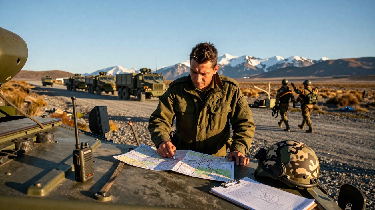 Soldado em uniforme militar consulta mapa sobre veículo militar em zona árida com montanhas ao fundo.