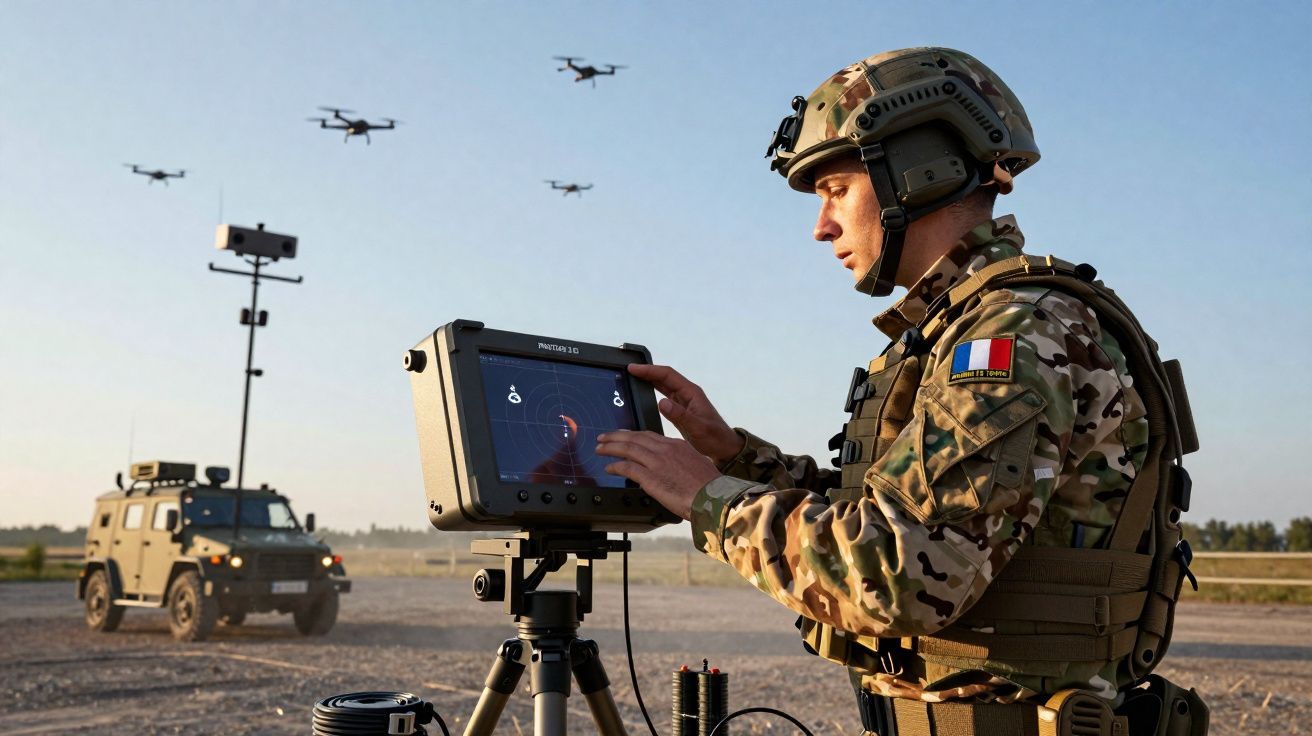 Soldado francês a operar equipamento de controlo de drones com veículo militar ao fundo durante treino.