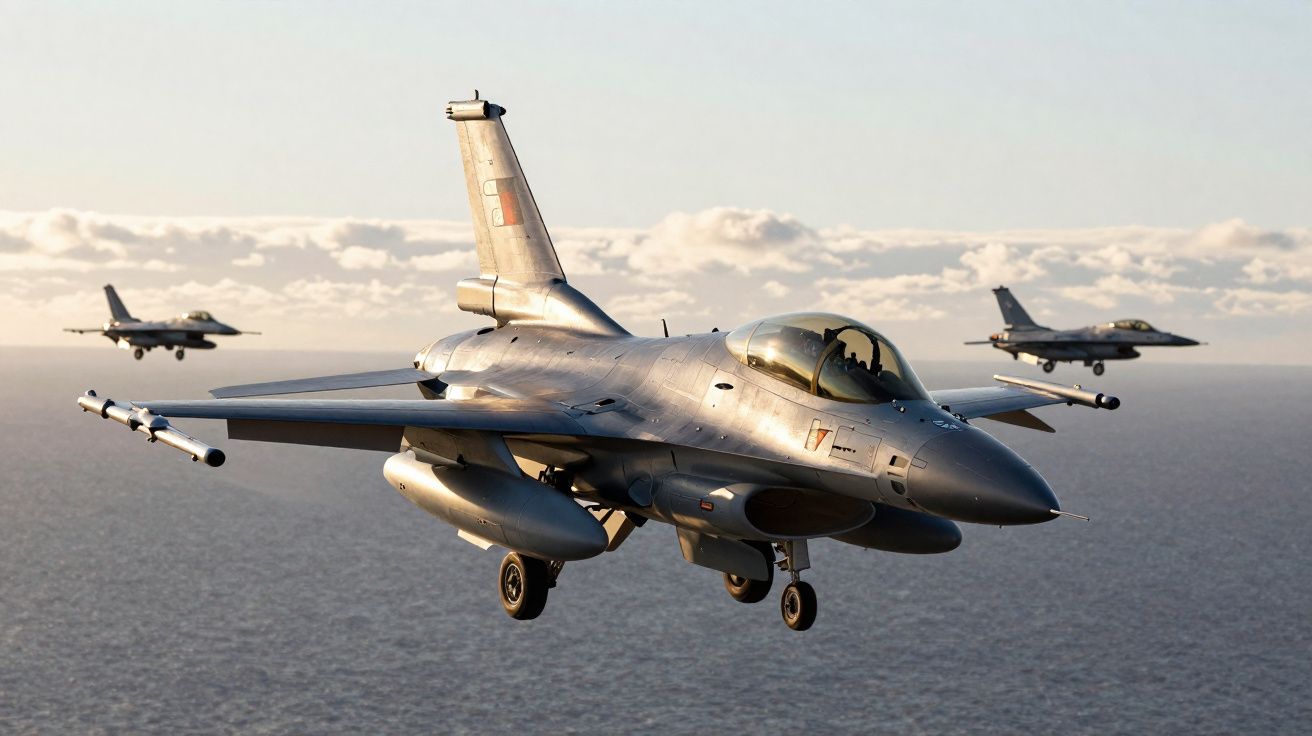 Três caças militares voando em formação sobre o mar ao pôr do sol.