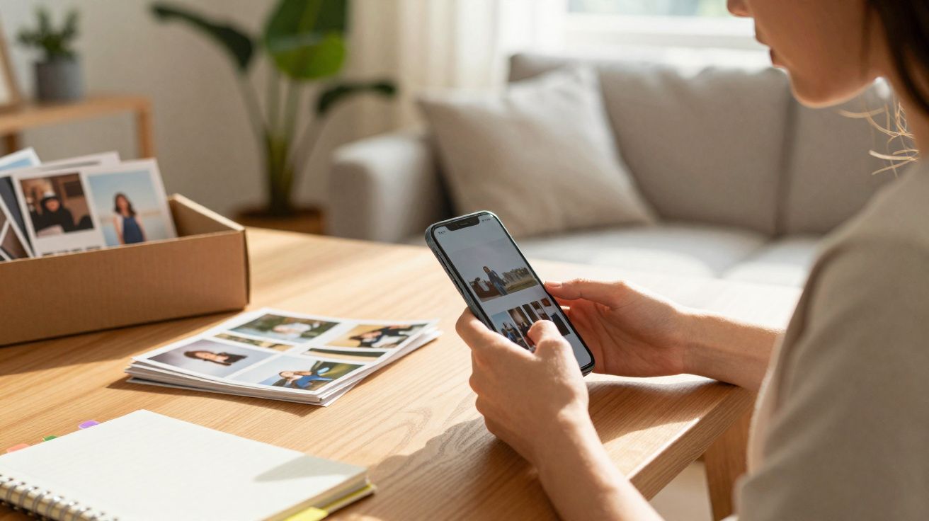 Pessoa a ver fotografias num telemóvel sentada numa mesa com fotografias impressas e caderno.