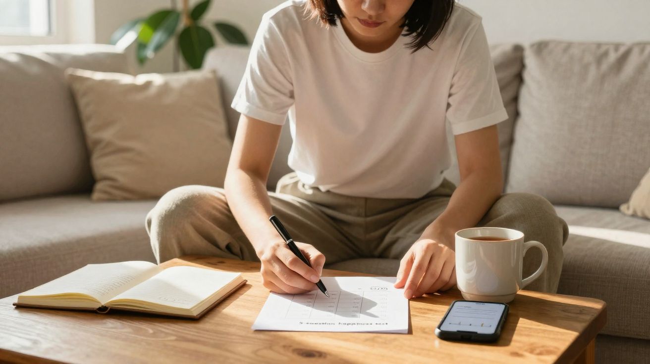 Pessoa sentada no sofá, a escrever num documento com caneta, com livro, telemóvel e chá numa mesa de madeira.