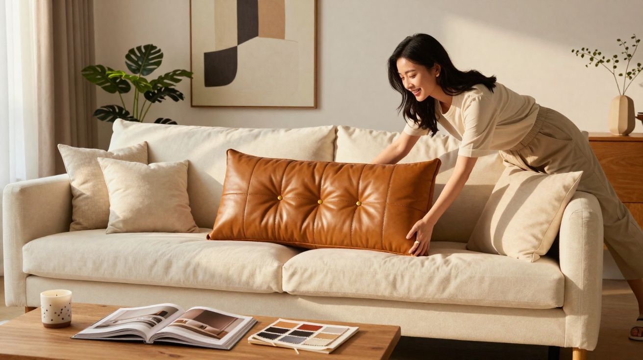 Mulher arruma almofada castanha num sofá bege numa sala minimalista e iluminada.