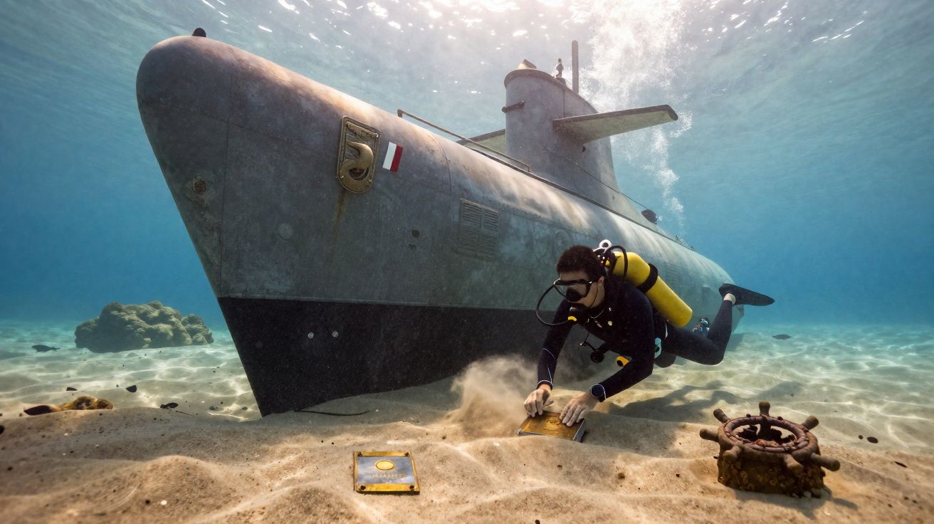 Mergulhador desmonta cápsula no fundo do mar ao lado de submarino antigo parcialmente enterrado na areia.