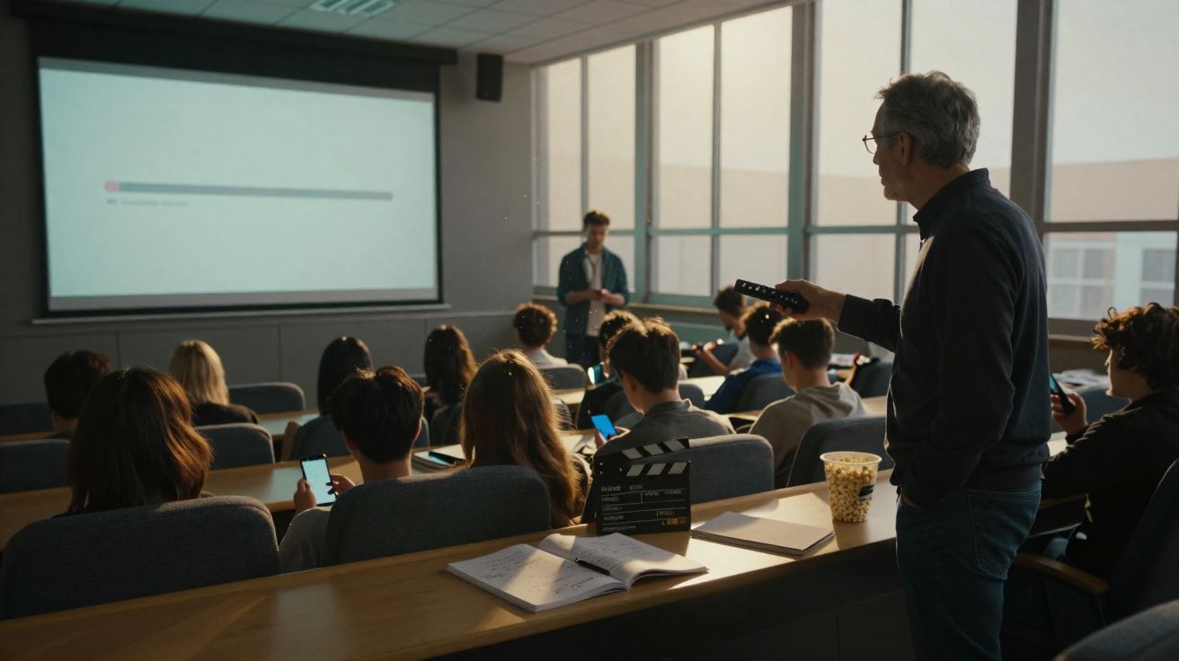 Professor a dar aula em sala com alunos sentados, alguns a usar telemóveis, e ecrã projetado à frente.
