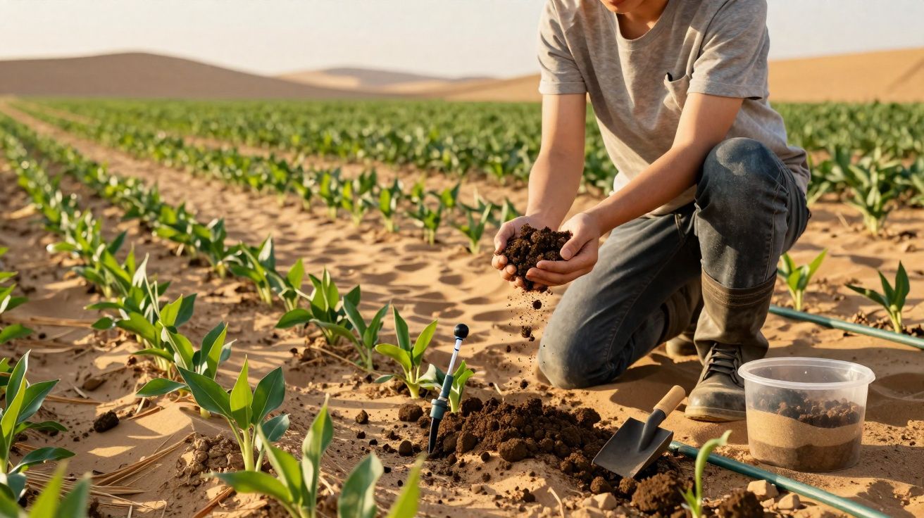 Pessoa a examinar solo numa plantação jovem num campo árido e seco ao pôr do sol.