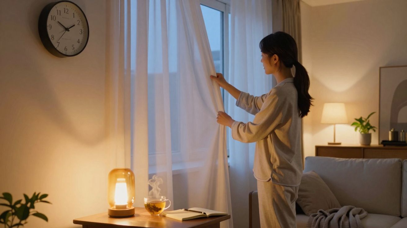 Mulher em pijama a abrir cortina numa sala iluminada à noite com relógio e chá na mesa.