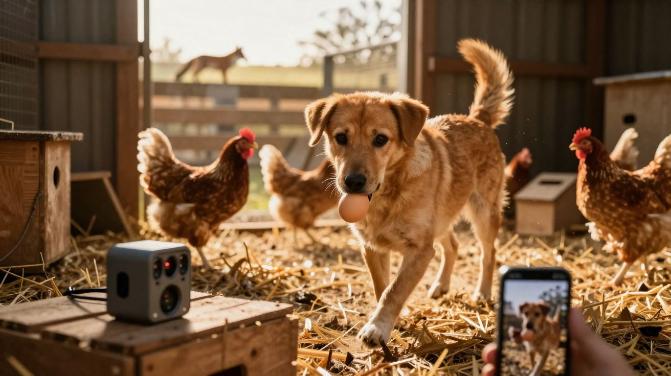 Cão com um ovo na boca dentro de galinheiro com galinhas e alguém a fotografar com telemóvel.
