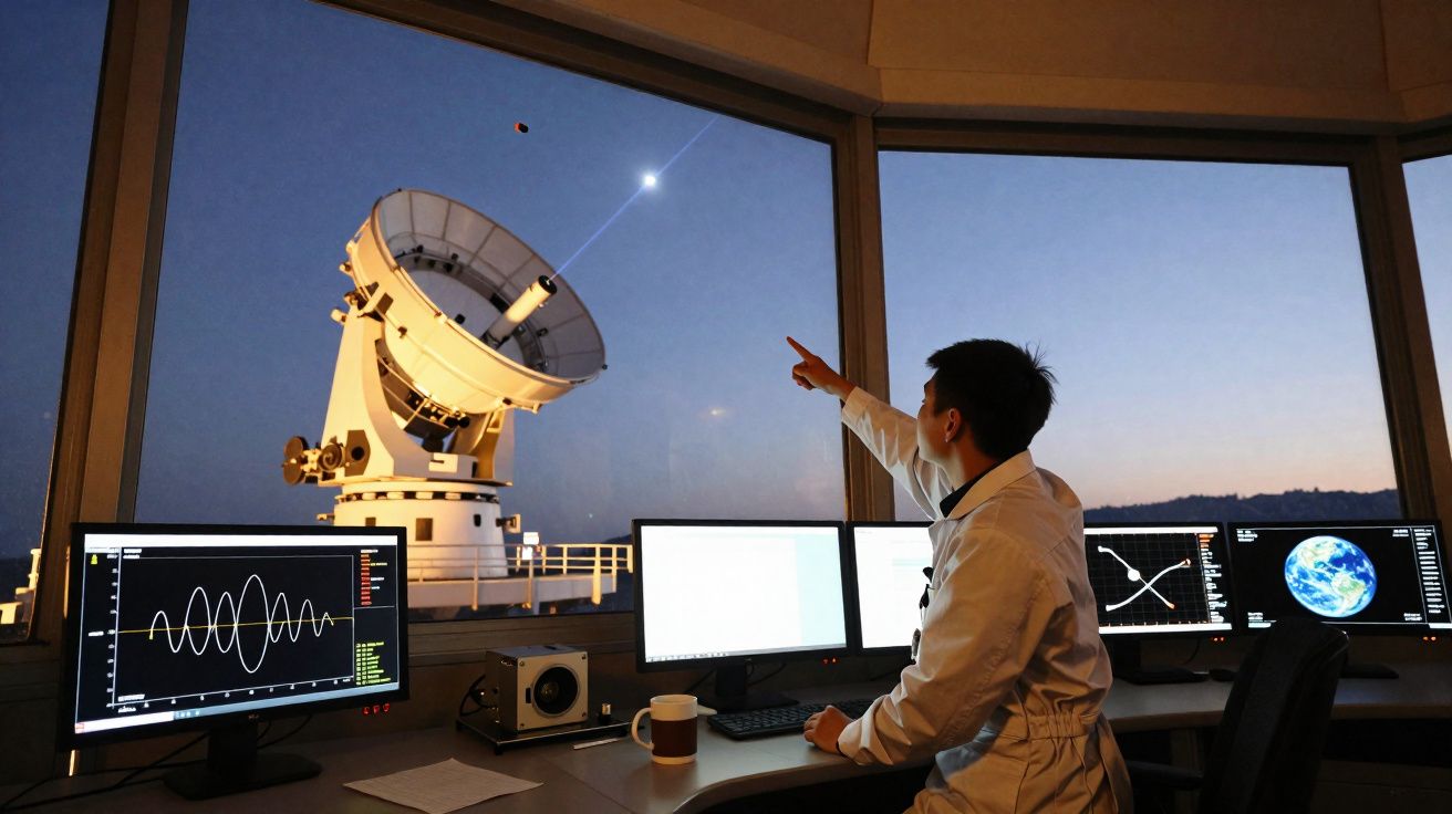 Cientista num laboratório observa satélite no céu ao luar, rodeado por vários ecrãs com dados científicos.