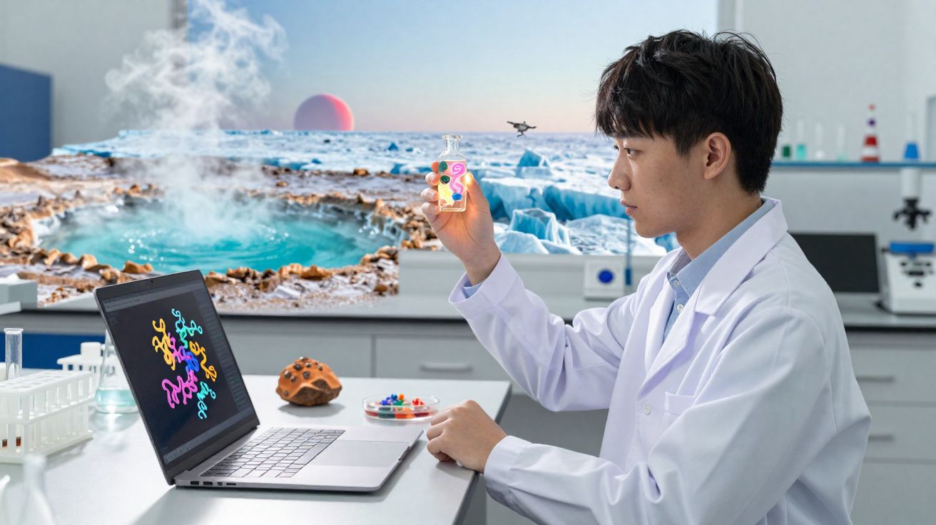 Cientista em laboratório observa frasco com moléculas coloridas, com imagem de paisagem gelada e crateras ao fundo.