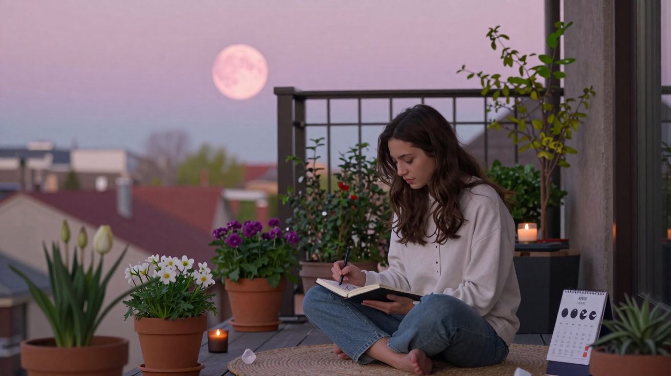 Mulher sentada na varanda ao pôr do sol, rodeada por plantas, escrevendo num caderno, com a lua visível.
