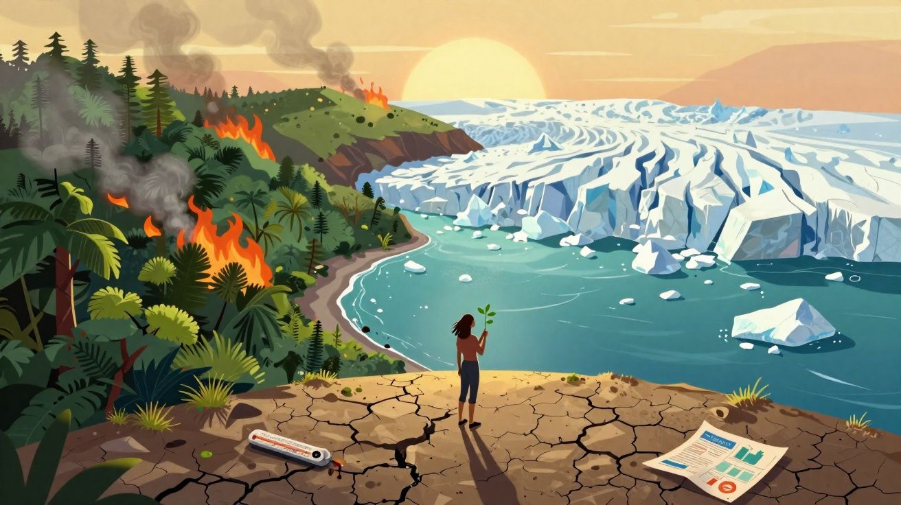 Pessoa observa floresta em fogo e degelo de geleira num cenário de alterações climáticas.