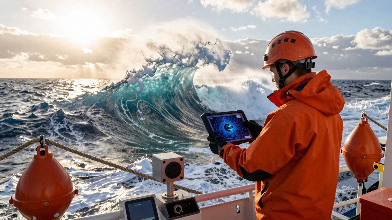 Homem com equipamento de segurança a monitorizar ondas no mar a partir de um barco durante pôr do sol.