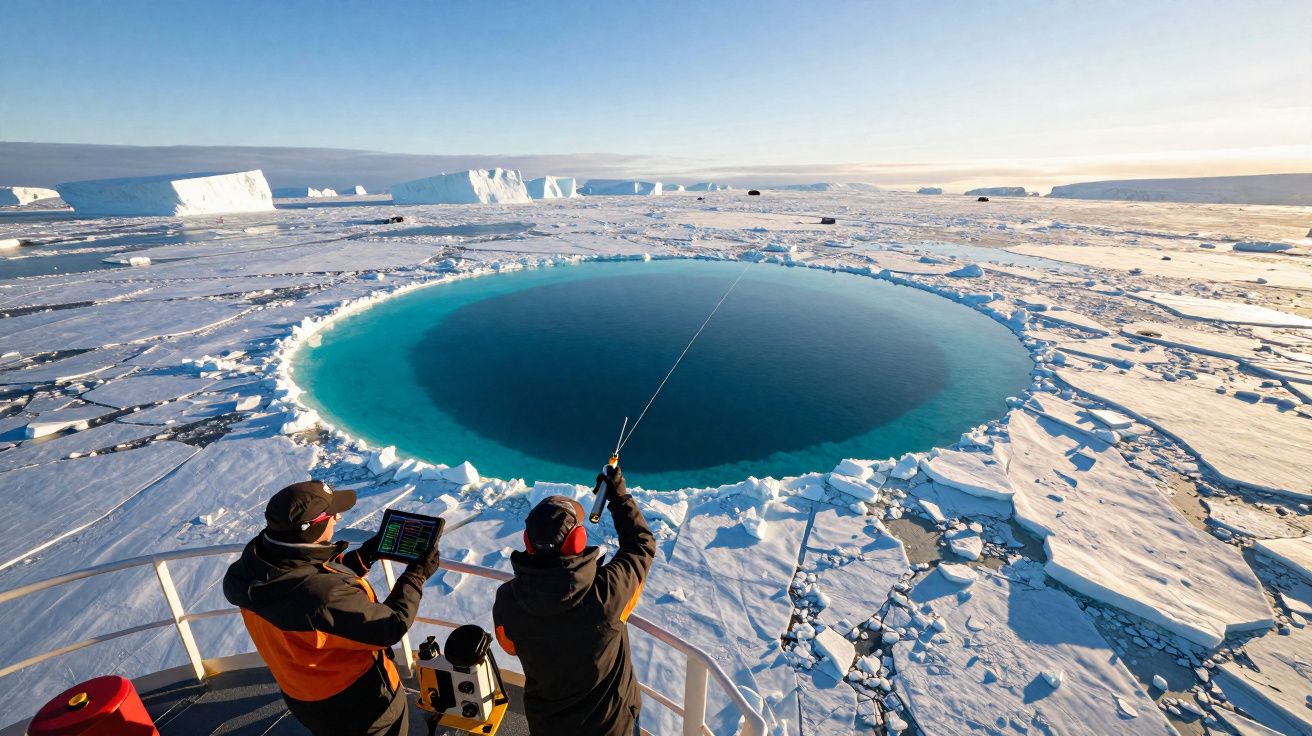 Duas pessoas em barco investigam enorme buraco circular no gelo no meio de paisagem polar congelada.