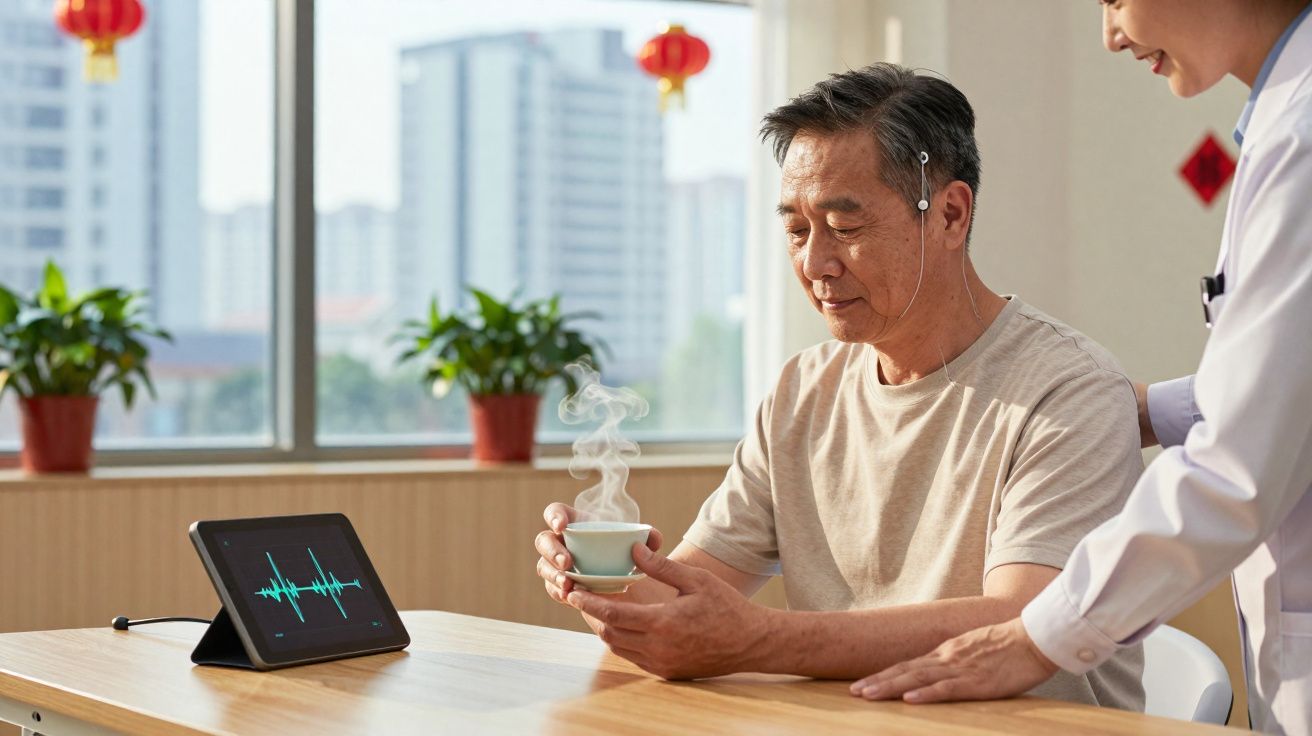 Homem sénior com eletrodos na cabeça a segurar chá quente, assistido por profissional de saúde num consultório.