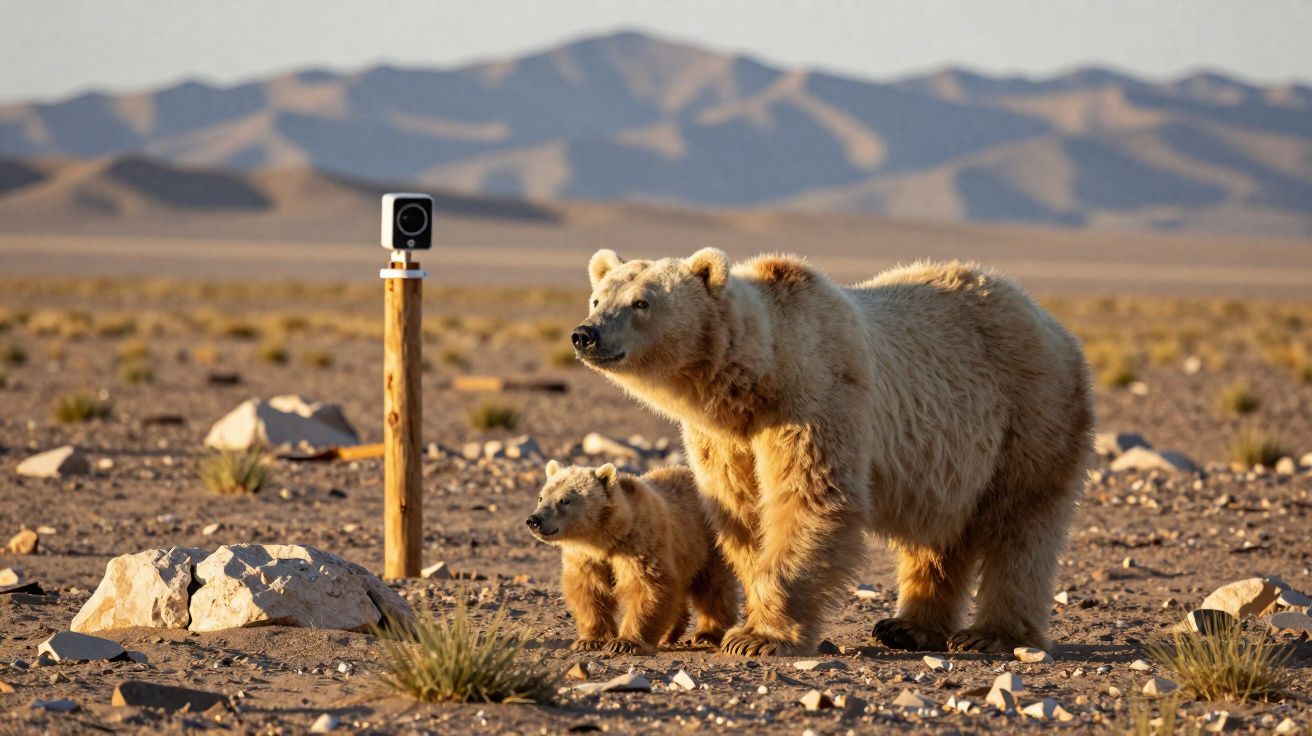 Ursa e cria num terreno árido com montanhas ao fundo e uma câmara de vigilância fixa num poste.