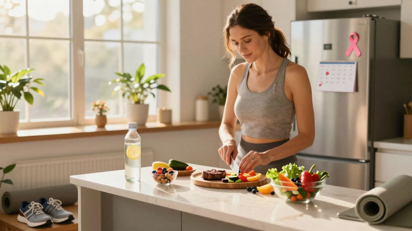Mulher prepara snack saudável com legumes e fruta numa cozinha luminosa e moderna, roupa desportiva cinzenta.