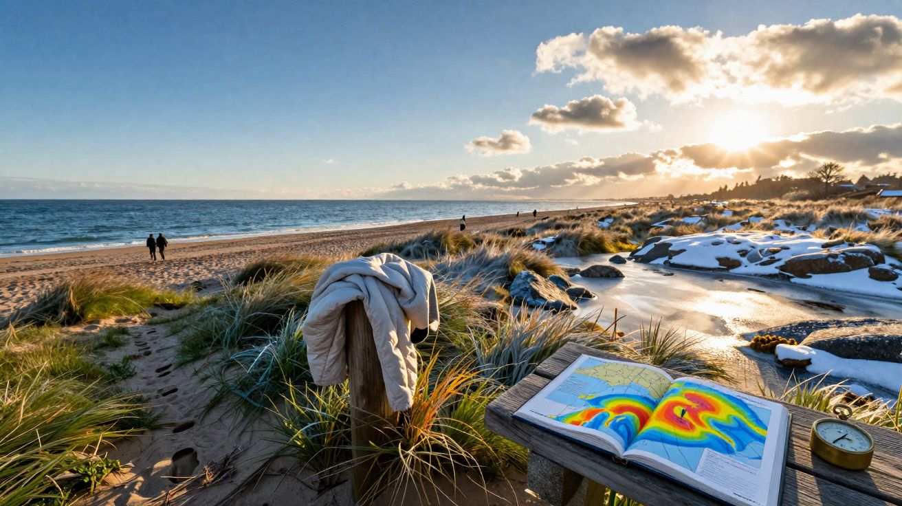 Praia com dunas e vegetação, pessoas a caminhar, livro colorido aberto e casaco pendurado num poste ao pôr do sol.