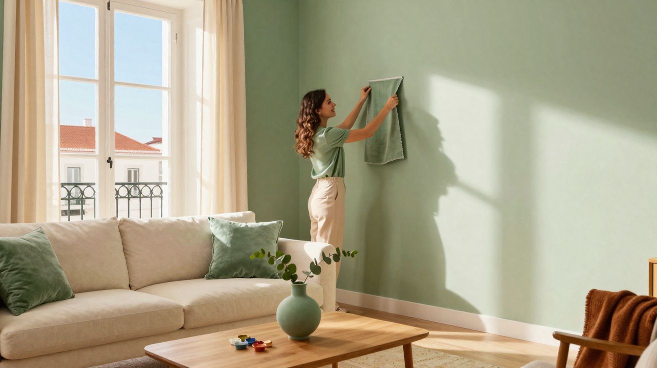 Mulher a decorar uma parede verde clara numa sala iluminada com sofá, almofadas e mesa de madeira.