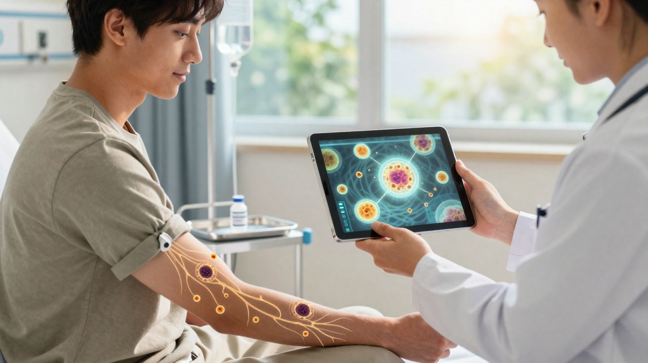 Paciente sentado com braço marcado por gráficos científicos, médica mostra imagens celulares num tablet.