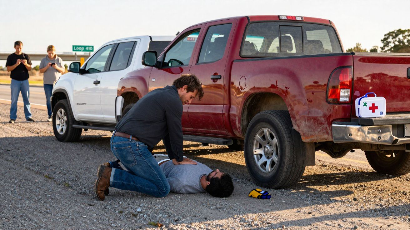 Homem a fazer compressões cardíacas a outra pessoa deitada no chão junto a carrinhas estacionadas numa estrada.