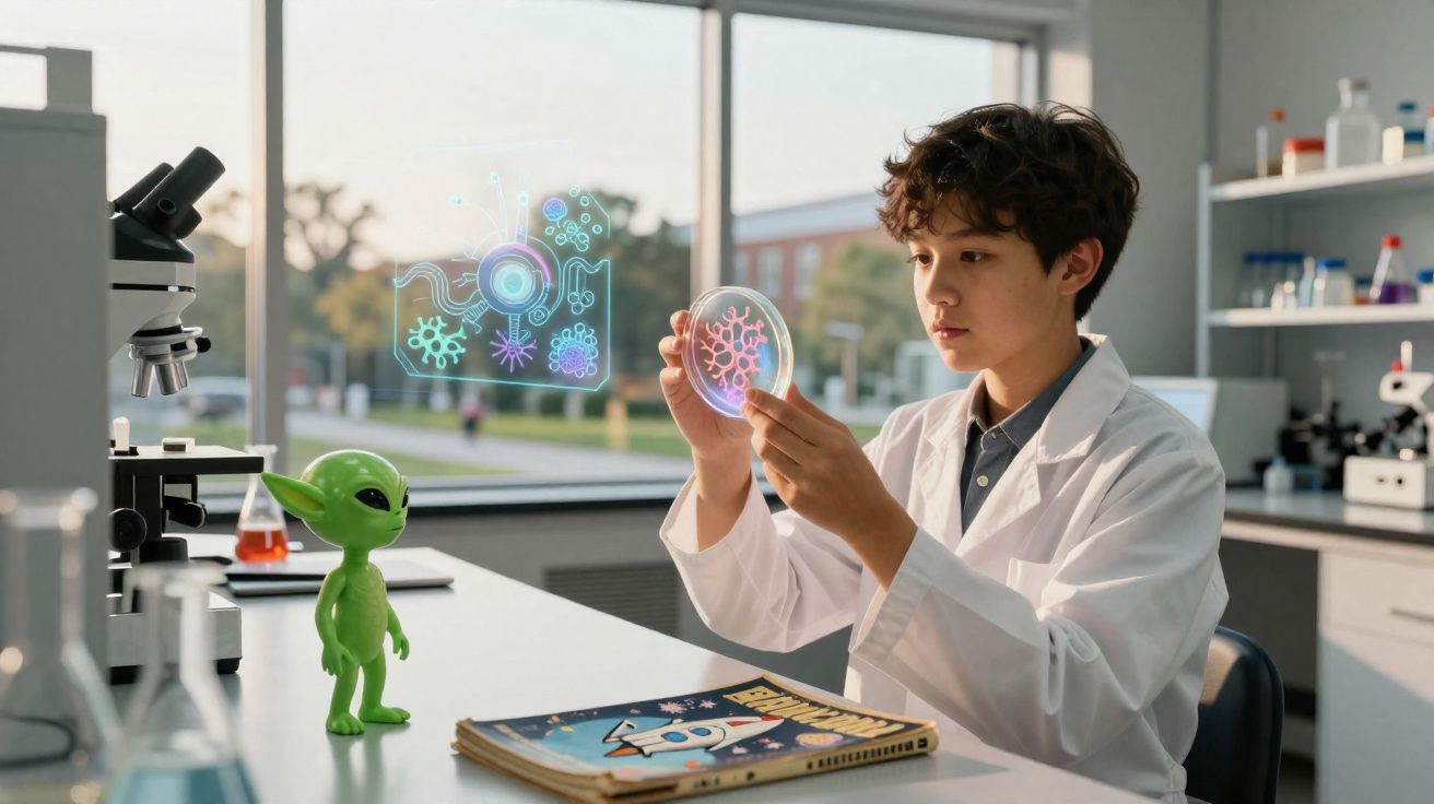 Criança em bata de laboratório analisa placa de petri holográfica com figuras de microrganismos, junto a brinquedo de alieníg