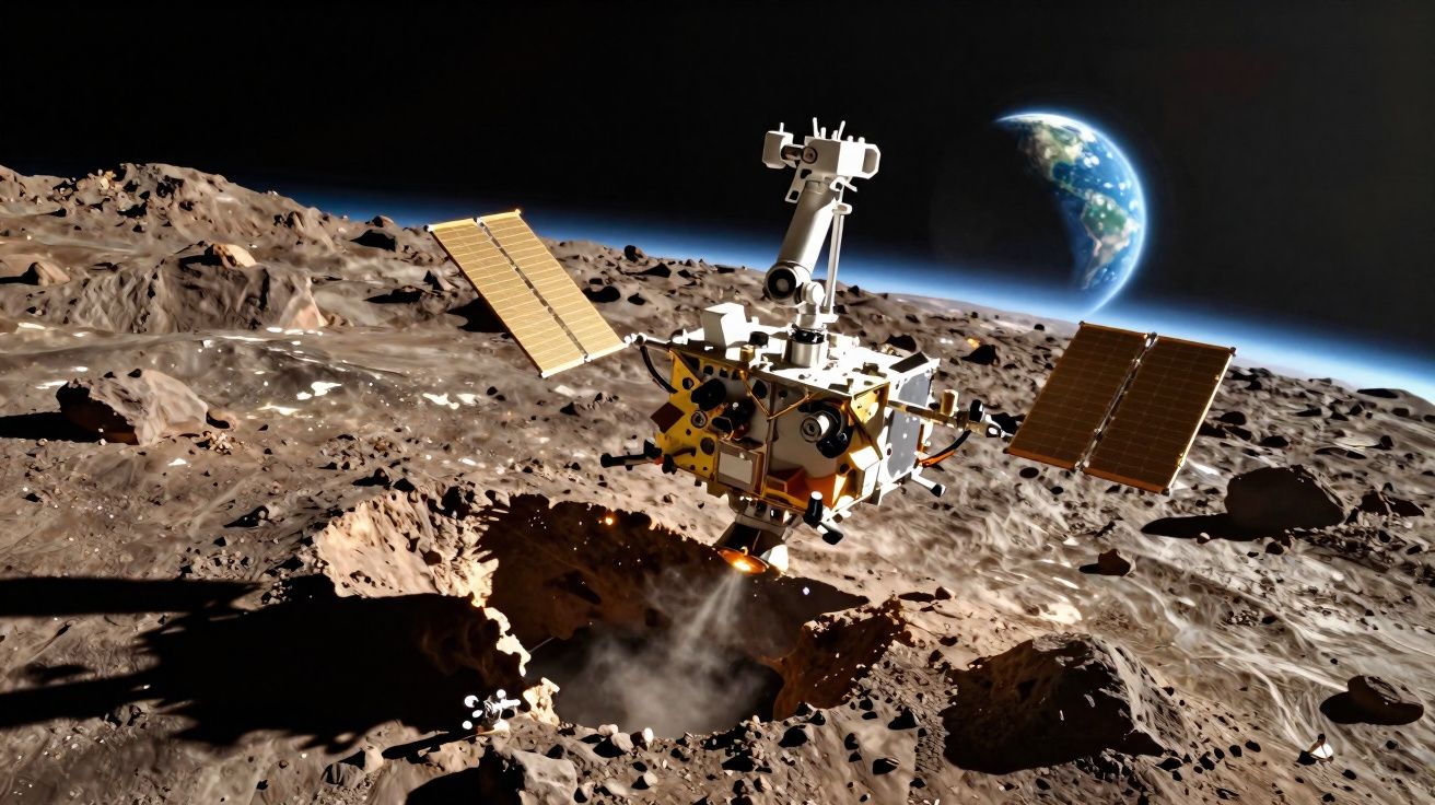 Sonda espacial com painéis solares em órbita sobre a superfície lunar com a Terra ao fundo.