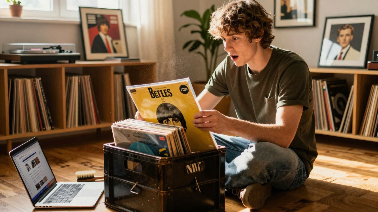 Jovem sentado no chão, a folhear discos em vinil de uma caixa, com laptop aberto ao lado.