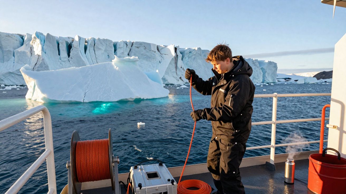 Pessoa em roupa impermeável enrola cabo num navio perto de icebergues no mar gelado.