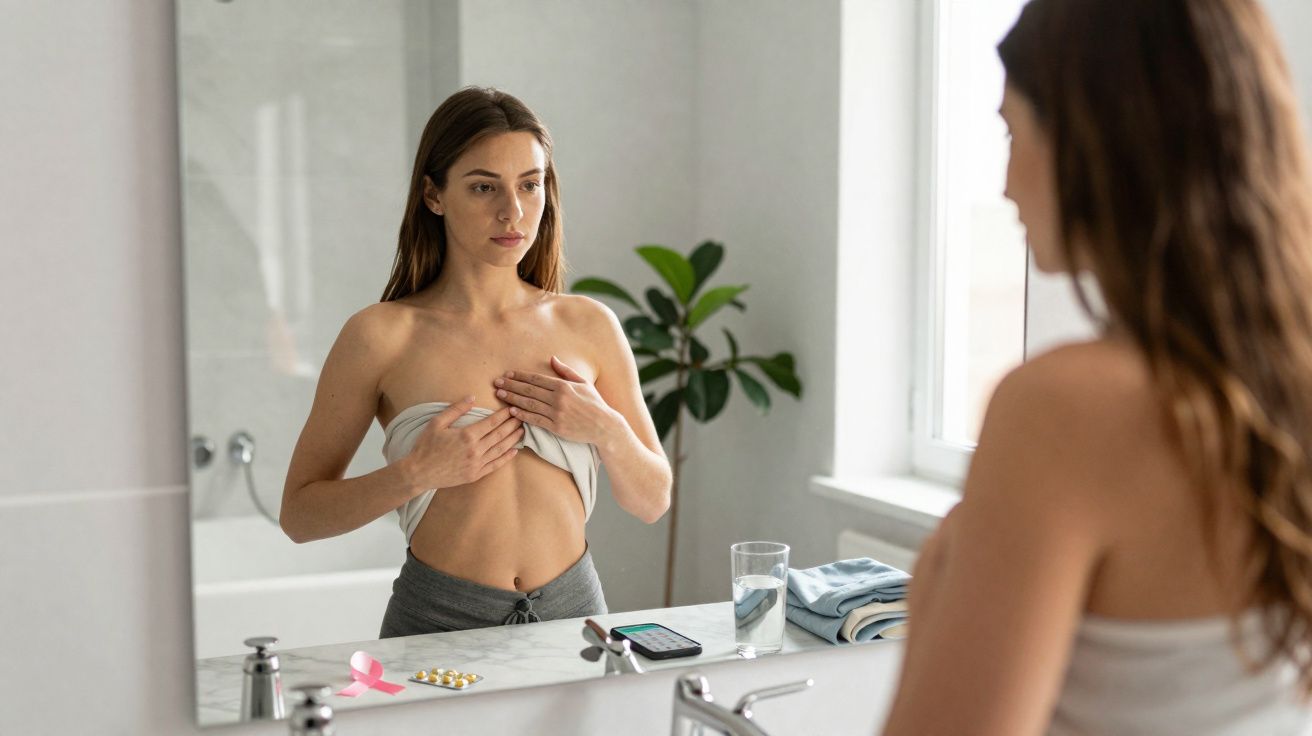 Mulher a observar os seus seios no espelho de casa, levantando a camisola, num ambiente de casa de banho.