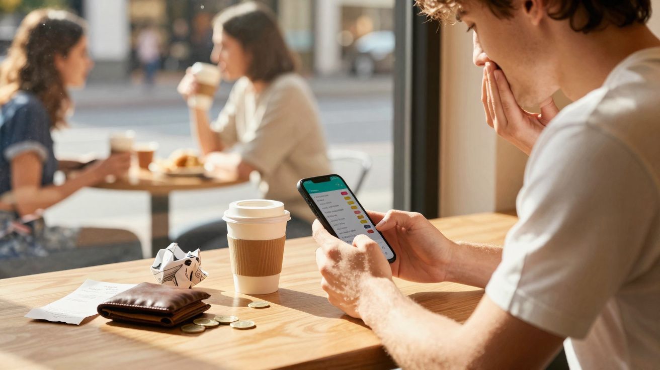 Homem sentado numa mesa de café a olhar para o telemóvel com duas mulheres ao fundo a conversar.