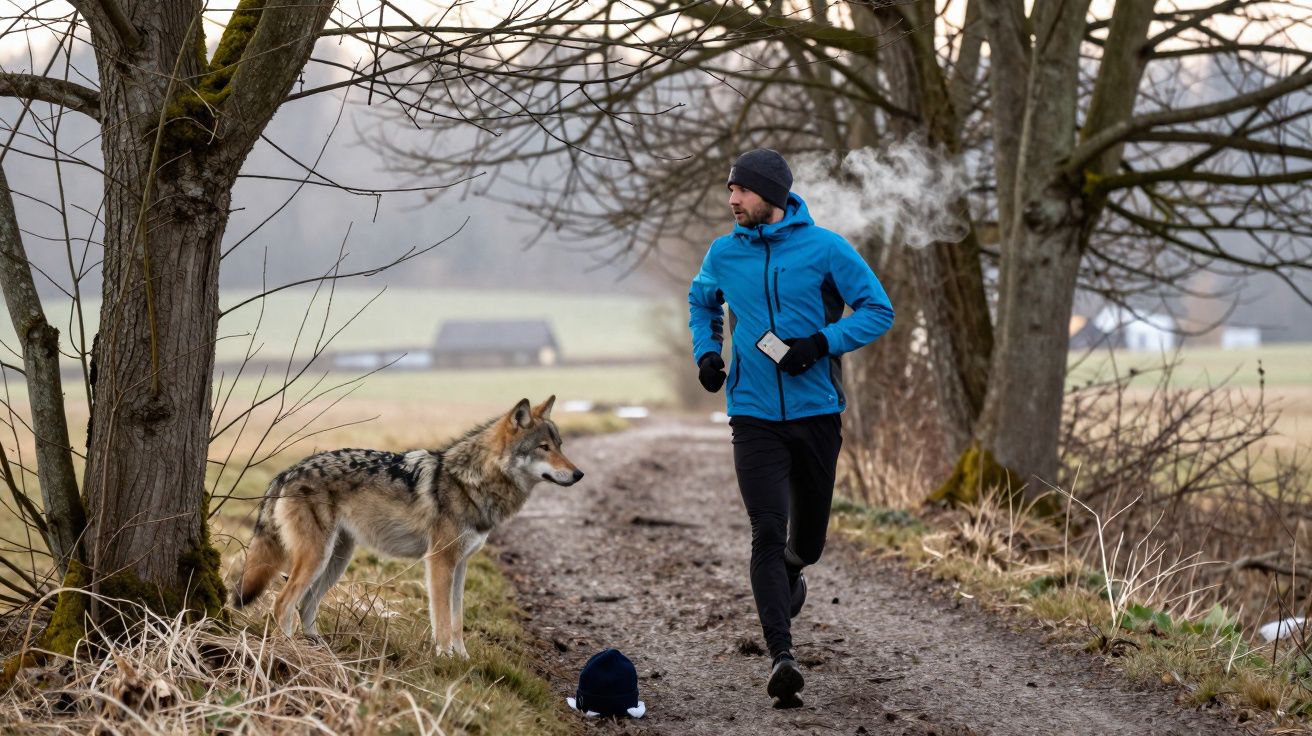 Homem a correr numa trilha rural com um lobo selvagem ao lado, em ambiente de inverno outonal.
