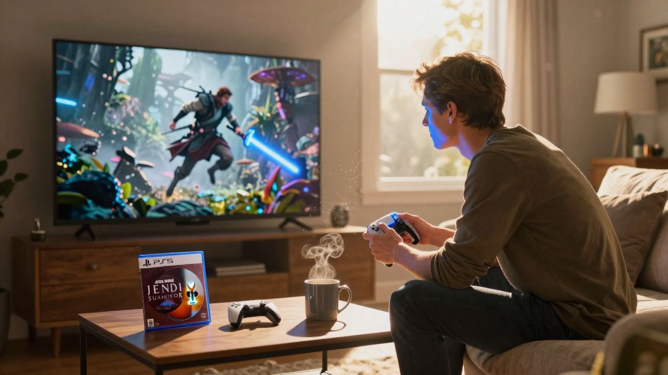 Jovem sentado no sofá jogando videojogo Star Wars Jedi Survivor no PS5 com comando na mão.