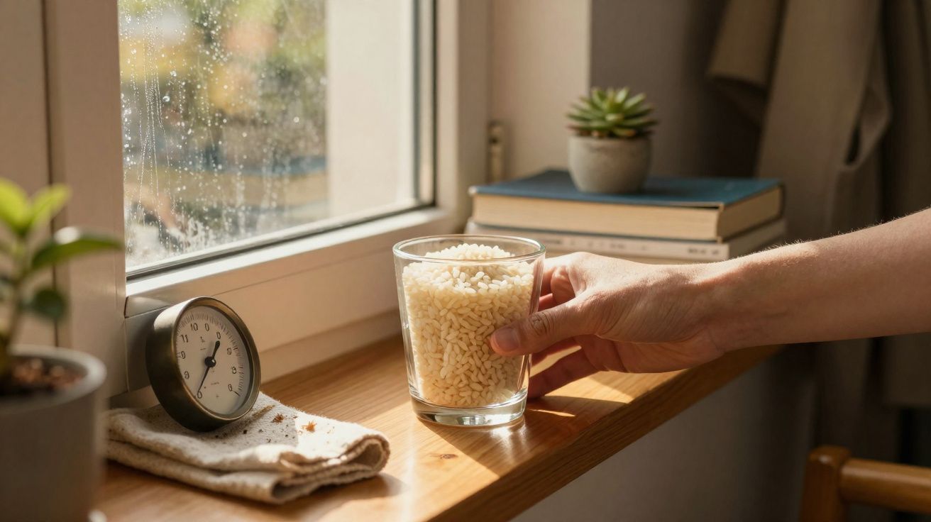 Mão segurando copo com arroz junto a janela com relógio, livros e planta sobre o parapeito.