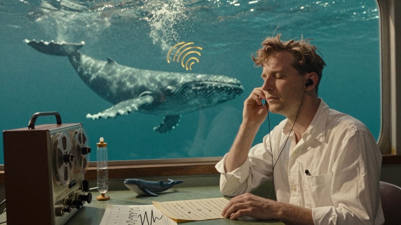 Homem com auscultadores ouve sons de baleia através de janela de submarino, com equipamento de gravação na mesa.