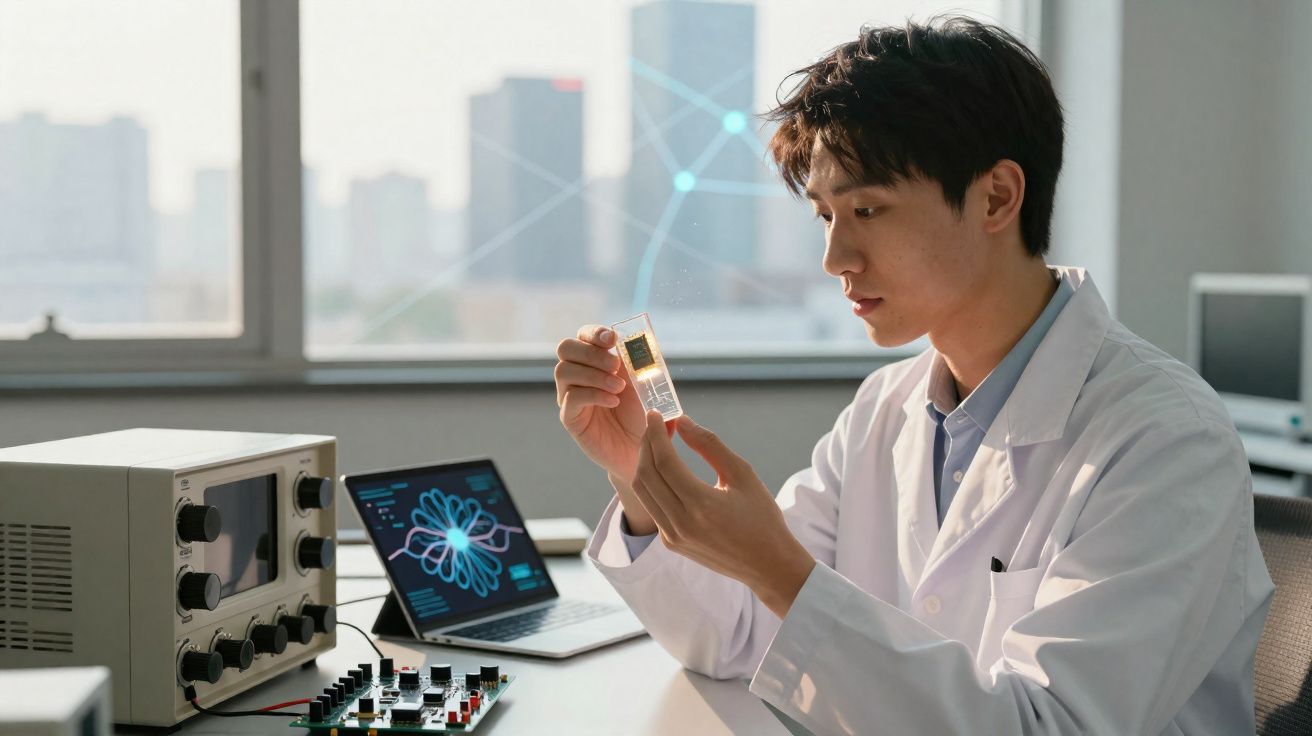 Cientista em laboratório analisa chip tecnológico com gráficos digitais no computador ao fundo.